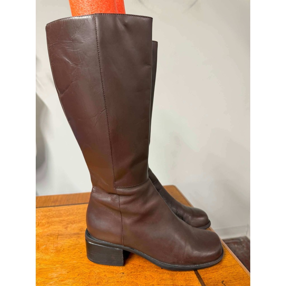 Vtg 90s Womens 8 Brown Leather Tall Boots Square Toe Block Heel Side Zip Classic